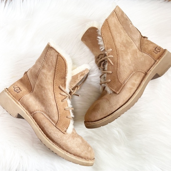 UGG Quincy Tan Fur Tie Up Ankle Winter Warm Boots Size 6 - Picture 11 of 11